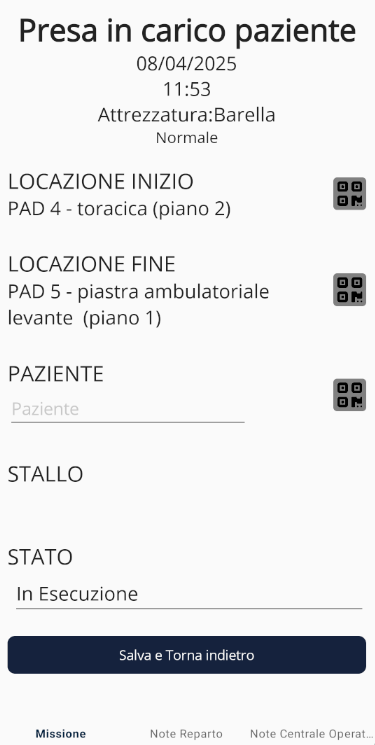 Una missione in corso: partenza, arrivo e paziente via QR code