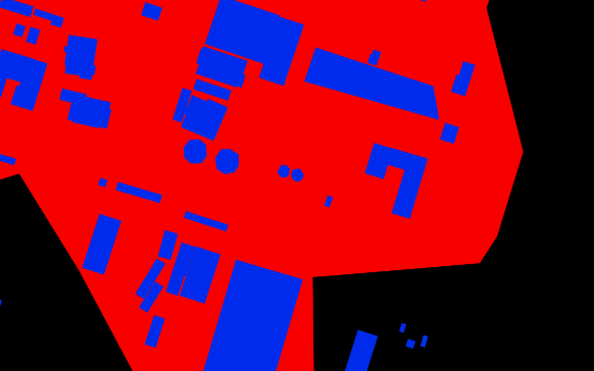 La mappa di segmentazione: in blu gli edifici, in rosso l’area analizzata