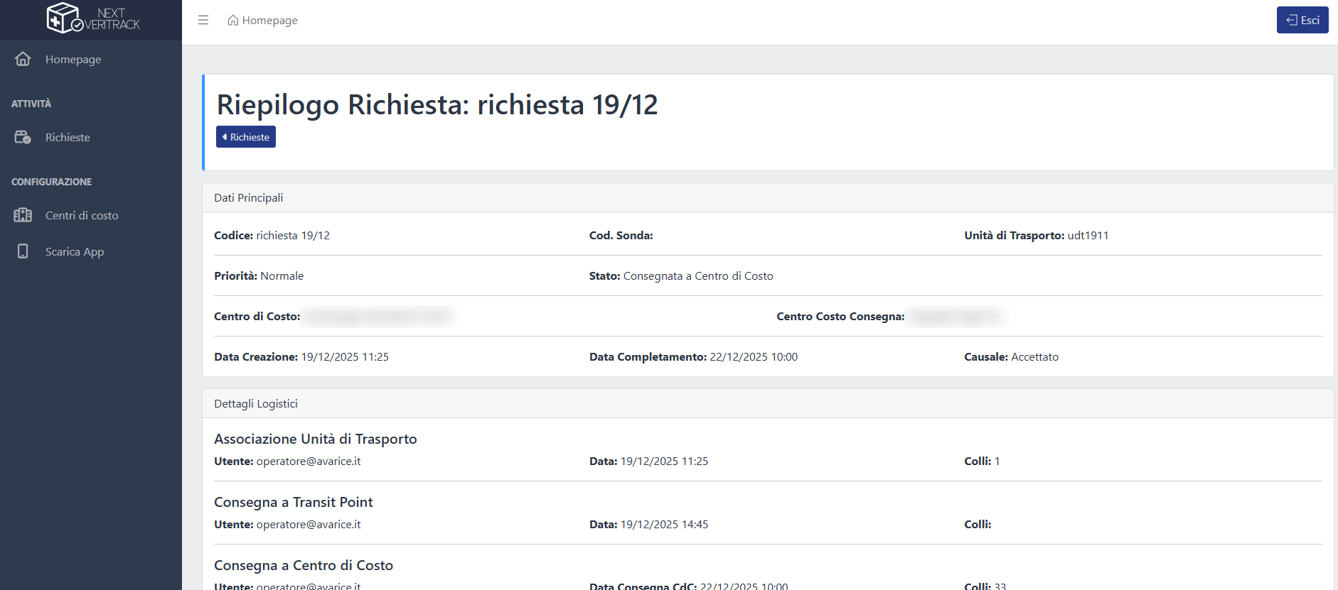 Il riepilogo di una richiesta, con tutti i passaggi dalla presa in carico alla consegna