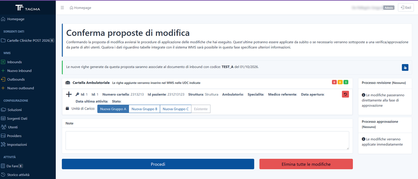 Alla conferma, le cartelle vengono associate al documento di inbound e alle unità di carico