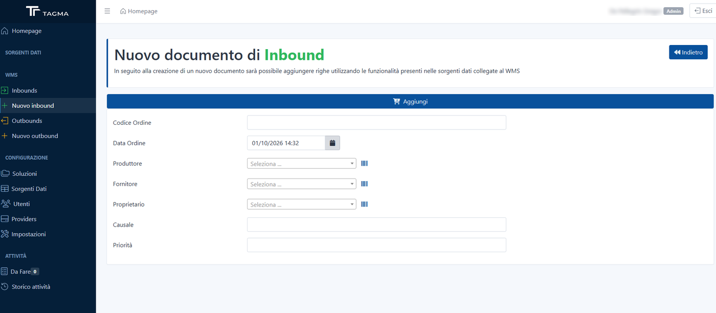 Il documento di inbound aperto in TAGMA