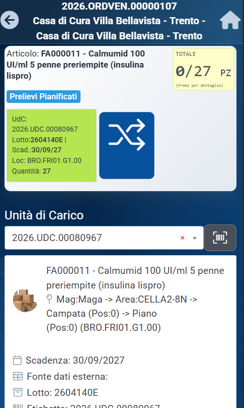 Picking guidato sul terminale: articolo, unità di carico e quantità da prelevare