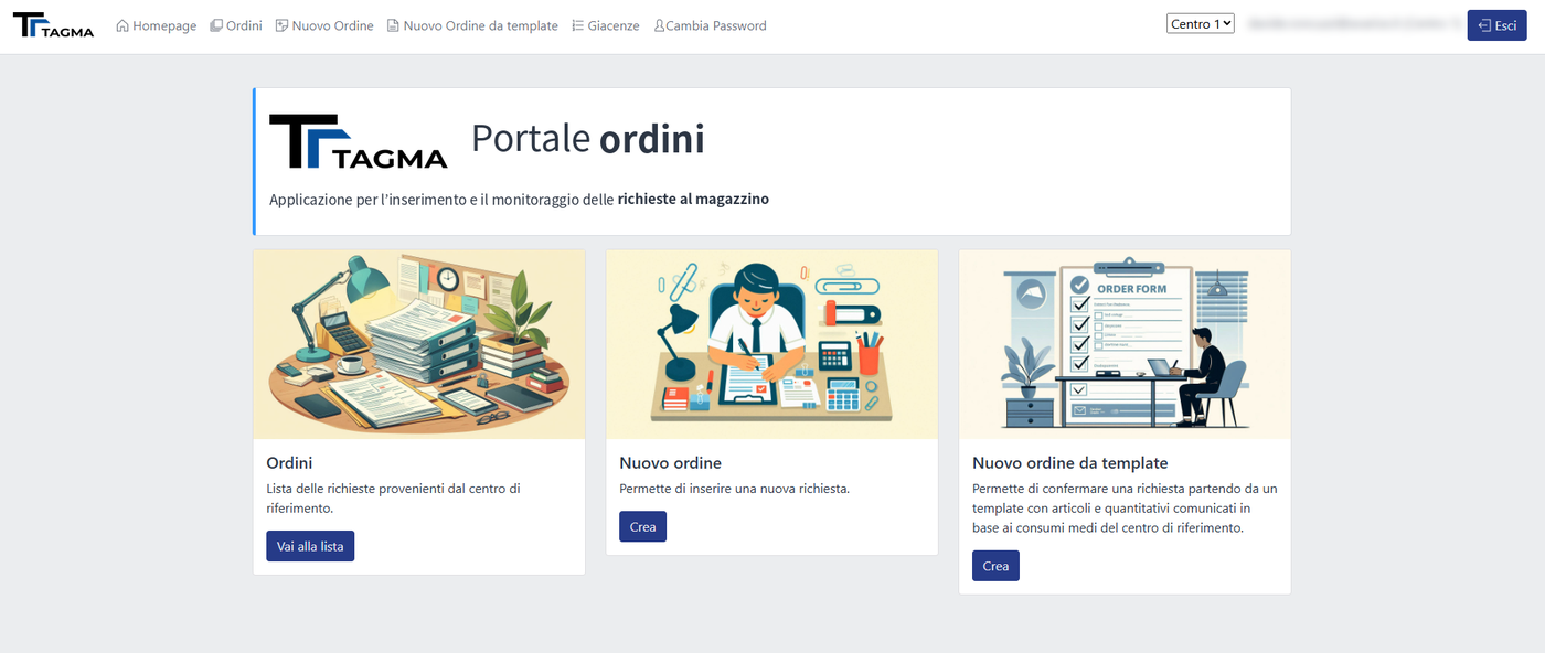 La home del portale: i propri ordini, un nuovo ordine o un ordine da template basato sui consumi medi del centro